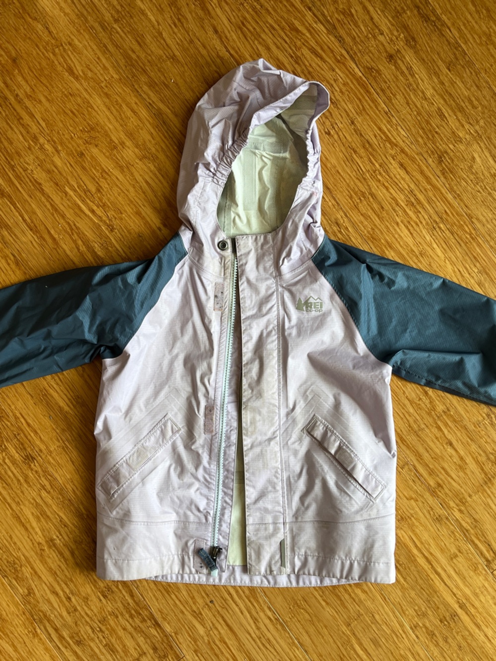 REI Kids Raincoat Lavender with Teal Sleeves